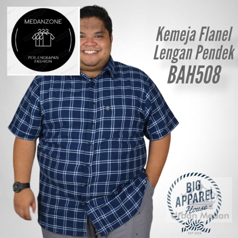 Urban Medan Kemeja Flannel Jumbo Oversize Big Size Pria Laki Cowok Lengan Pendek Biru Navy Kotak Put