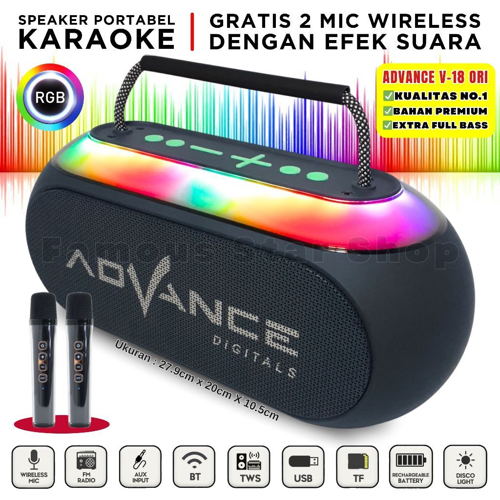 PREMIUM KELAS ATAS Speaker Bluetooth Full Bass LED RGB TV, Laptop, Komputer, HP ADAVANCE V-18 Speake