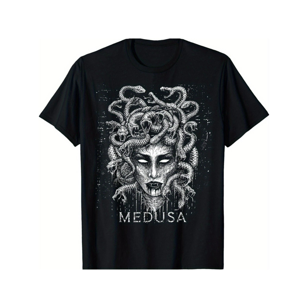 Kaos Pria Medusa Mitologi Yunani - T-shirt Hitam Putih Lengan Pendek