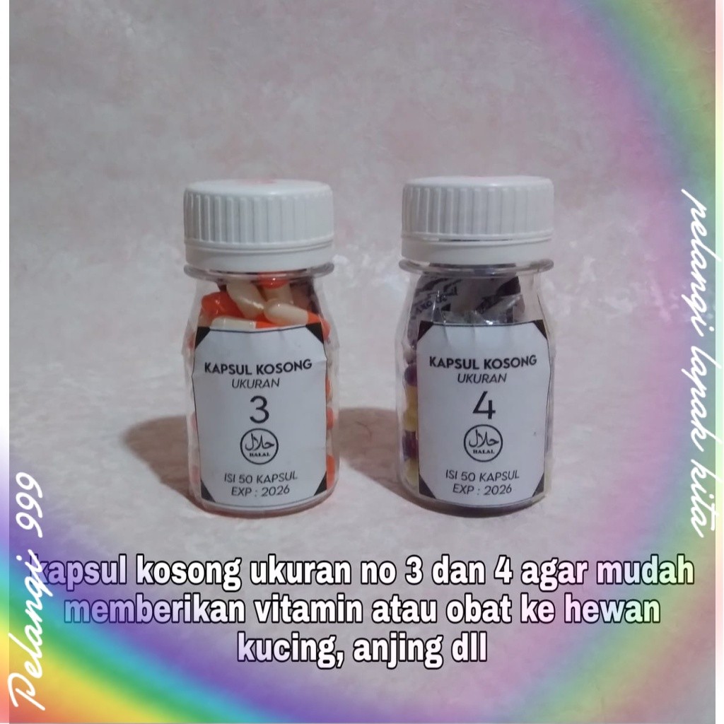Pelangi - kapsul kosong kecil ukuran 3 dan 4 isi 50 kapsul labih mudah memberikan obat untuk kucing 
