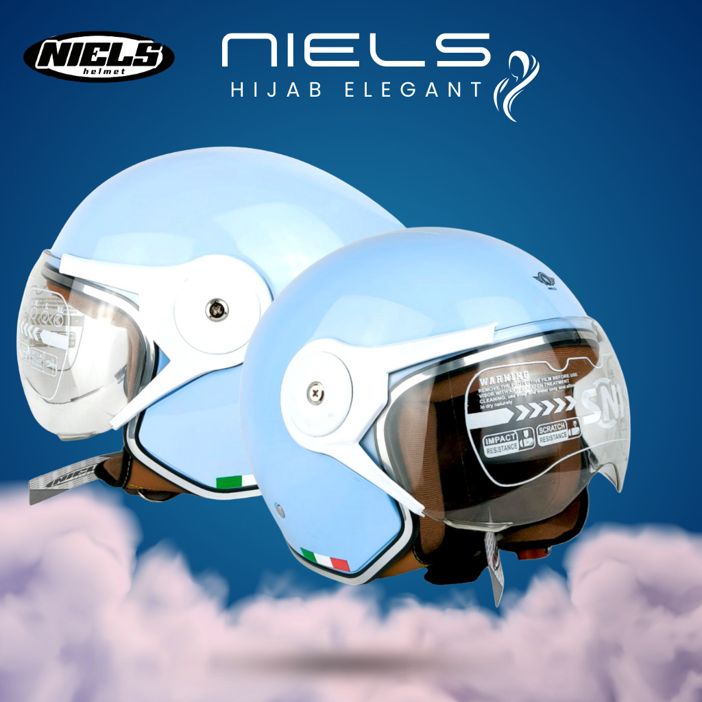 HELM BOGO NIELS HIJAB ELEGANT BIRU WANITA DEWASA RAMAH HIJABERS KACA PILOT SNI ORIGINAL BLUE GLOSSY