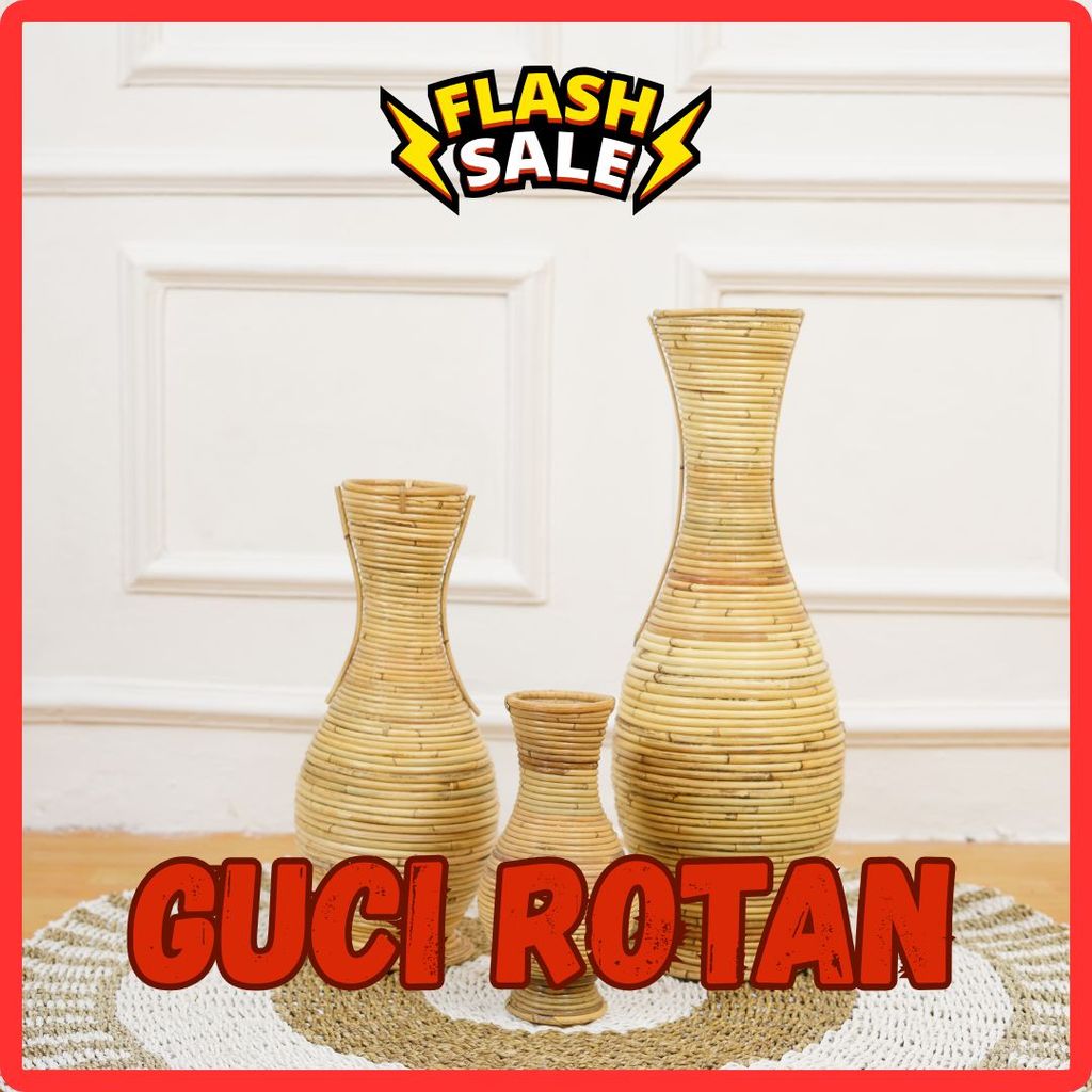 Guci Rotan Natural Kerajinan Tangan Vas Bunga Sudut Ruangan Aesthetic Ornamen Penghias Rumah Elegan
