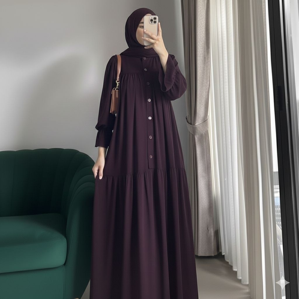 Gamis Polos Amanda Rayon Twill  Gamis Lengan Balon Gamis Kancing Busui Premium Quality