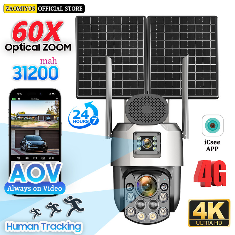 60X Optical Zoom 10MP 4G SIM outdoor security Solar Cameras 2 Lens/Screens PTZ 360° Auto Tracking IP