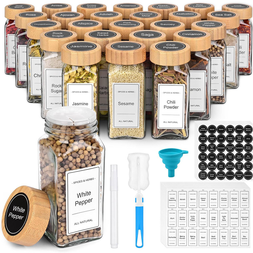 Spice Jars with Label Organizer, Seasoning Organizer Glass Spice Jars with Bamboo Lids, Seasoning Co