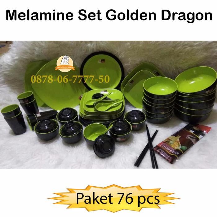 Set Lengkap 76 pcs peralatan makan Mlelamine Golden Dragon - Dinner set - Fullset piring gelas melam