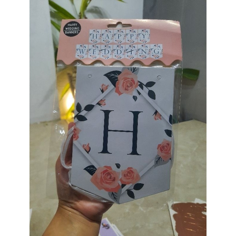 [LINGKA] Banner happy wedding hitam / putih bunga dekorasi lamaran engagement grosir murah