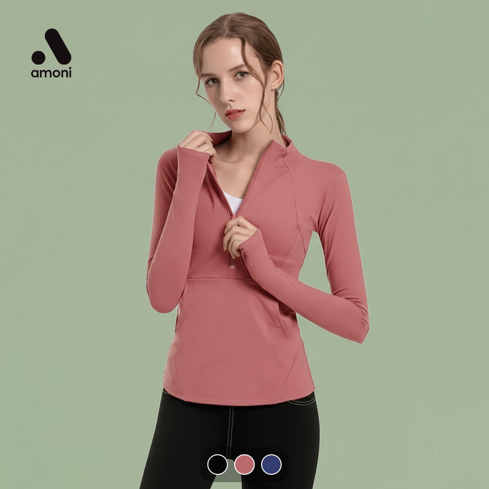 Amoni Active Jaket Olahraga Wanita Lengan Panjang Slim Fit – Jaket Gym Jogging Yoga Zipper Sporty JK