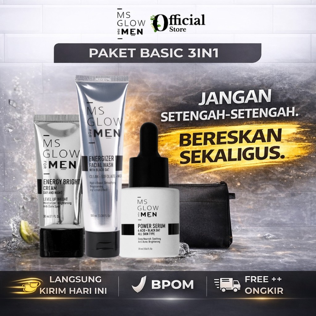 MS Glow Men Paket Basic 3in1 Original BPOM Skincare Pria Jerawat dan Bekas Ms Glow For Men Skincare 