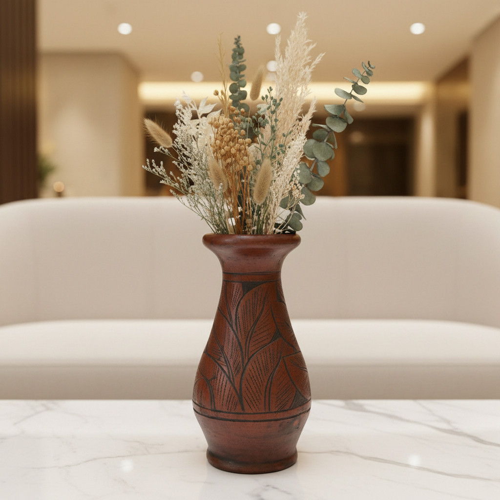 Vas Bunga Rustic Model Guci Tanah Liat Ukir Daun Tinggi 28 cm Gerabah Handmade Dekorasi Vintage Klas