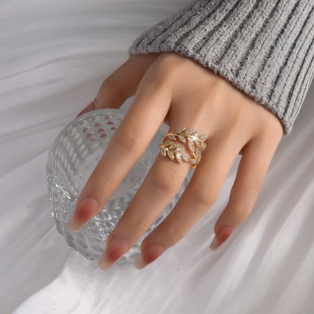 Penyesuaian pembukaan, desain berlian bertabur mikro, cincin daun, cincin, berlian flash bertabur mi