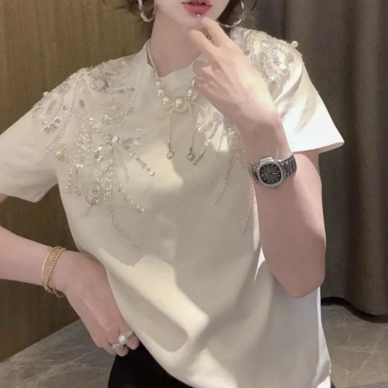 Atasan longgar berpayet manik-manik untuk pria dan wanita, kasual dengan leher bulat dan lengan pend