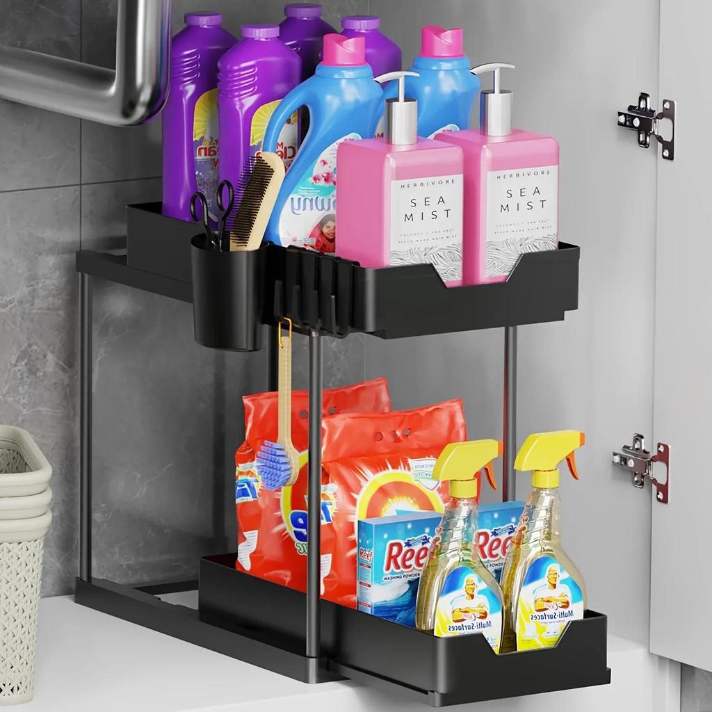 1 pack of under-sink storage box and storage bathroom, 2-tier under-sling cabinet basket storage box