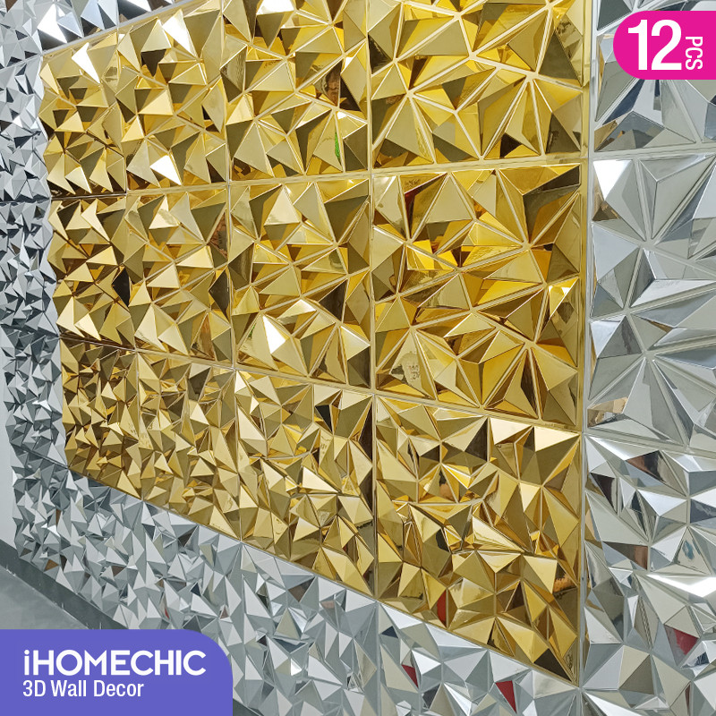 12pcs 50cm wall renovation Stereo shiny Gold plating 3d Wall Panel amond tile 3D wall sticker living