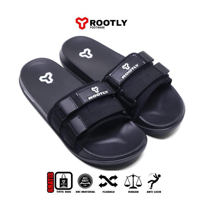 Rootly - Sandal Selop Velcro Pria Webing Tearu Full Black Shoes Canvas - VELCRO 2 HITAM, 39