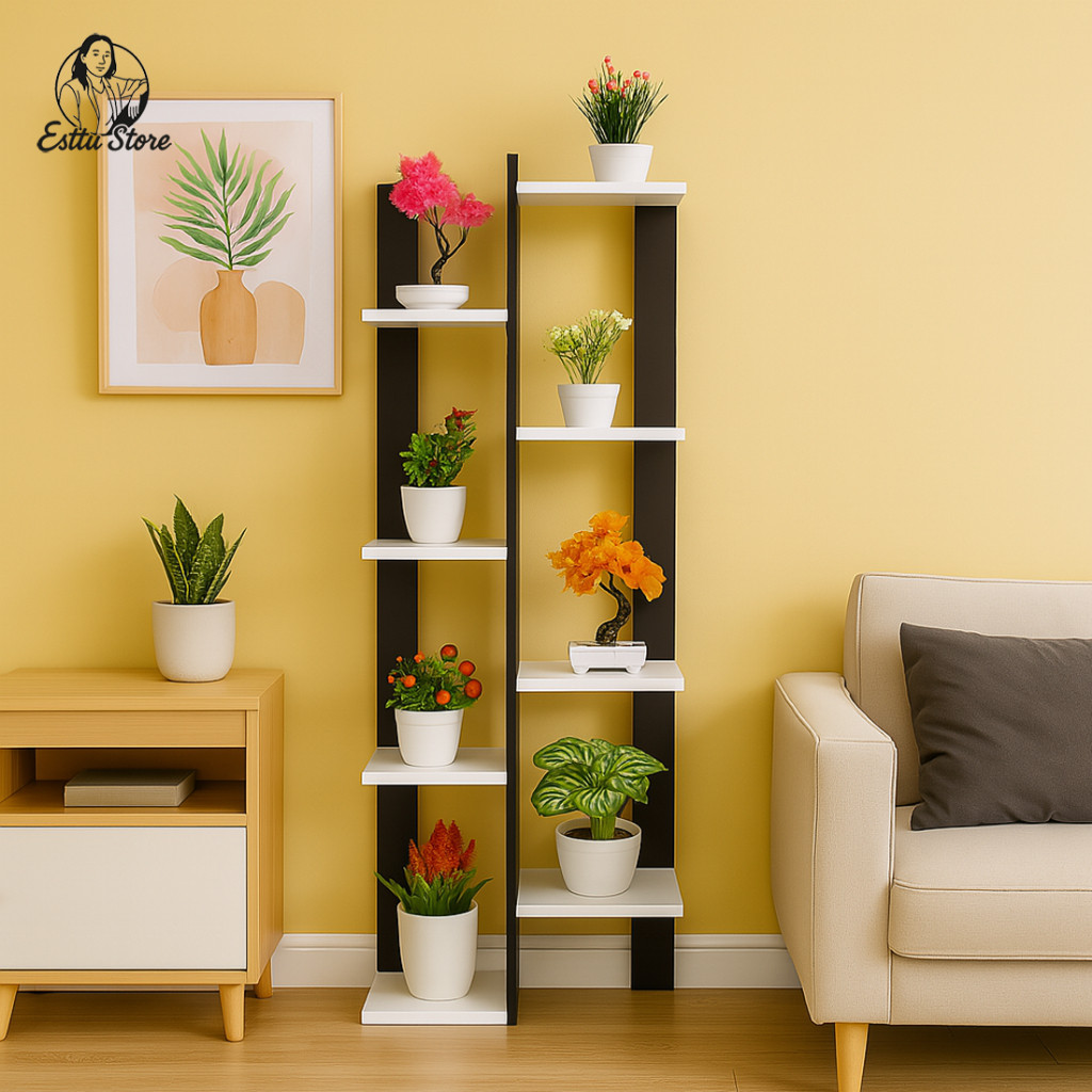 Rak Bunga Kayu 95 cm dan 120cm – Rak Hiasan Sudut Minimalis Estetik,6 dan 8 Susun, Pojok Lantai