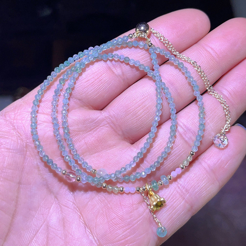 Perhiasan kristal alami kristal stroberi kristal stroberi hijau gelang manik-manik kecil tiga cincin