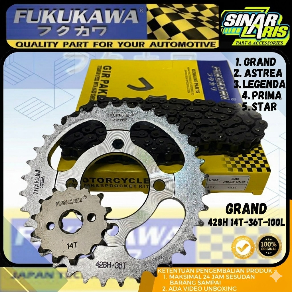 GEAR SET ASTREA GRAND IMPRESSA LEGENDA PRIMA 14T-36T 428H 100L ORIGINAL FUKUKAWA GIR SET GRAND