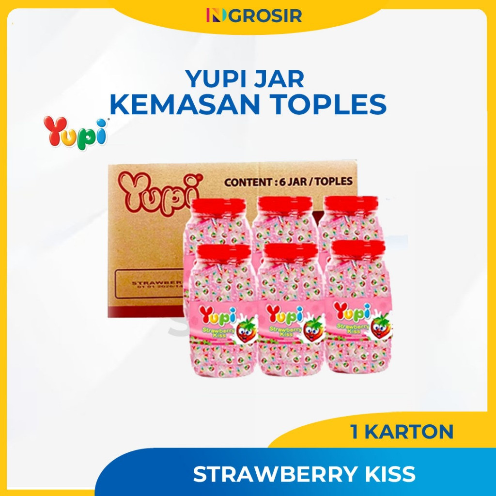 PERMEN YUPI STRAWBERRY KISS JAR 1 KARTON ISI 6 TOPLES
