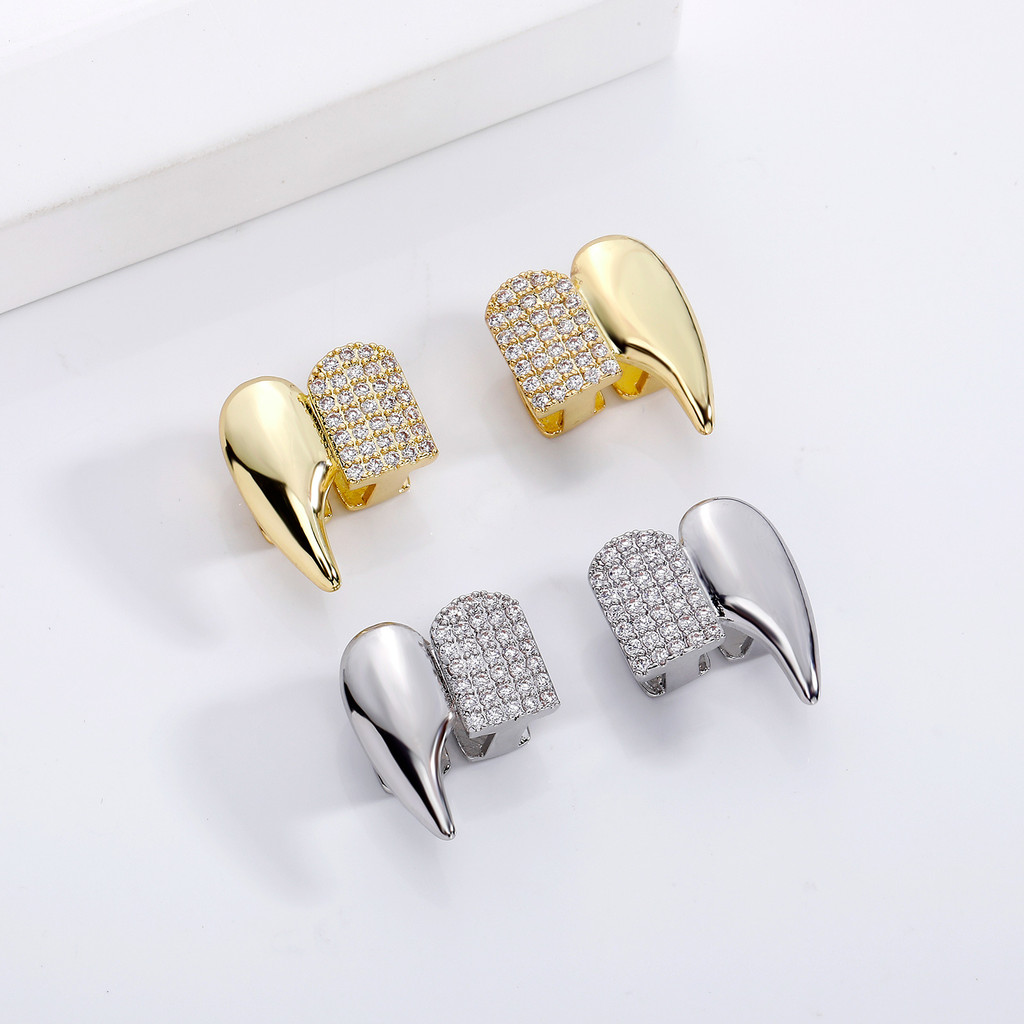 Gigi emas kiri dan kanan tembaga zirkon penuh kawat gigi vampir pria grosir