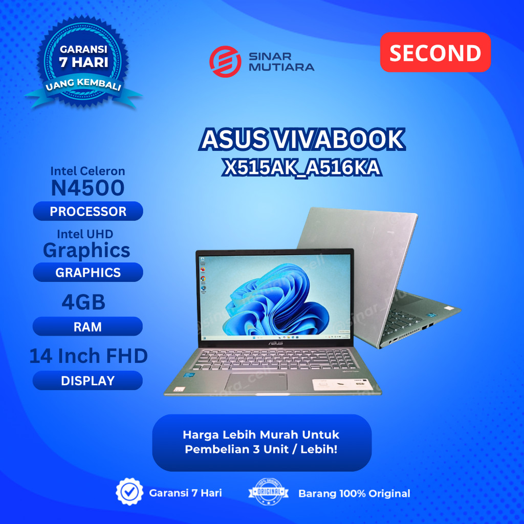 ASUS VIVOBOOK _ASUSLAPTOP X515AK_A516KA CELERON N4500 4 GB (14") - LAPTOP SECOND ORIGINAL SINAR MUTI