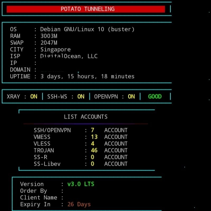 VPS tunnel ssh v2ray vmess vless trojan dll + script premium ID/SG