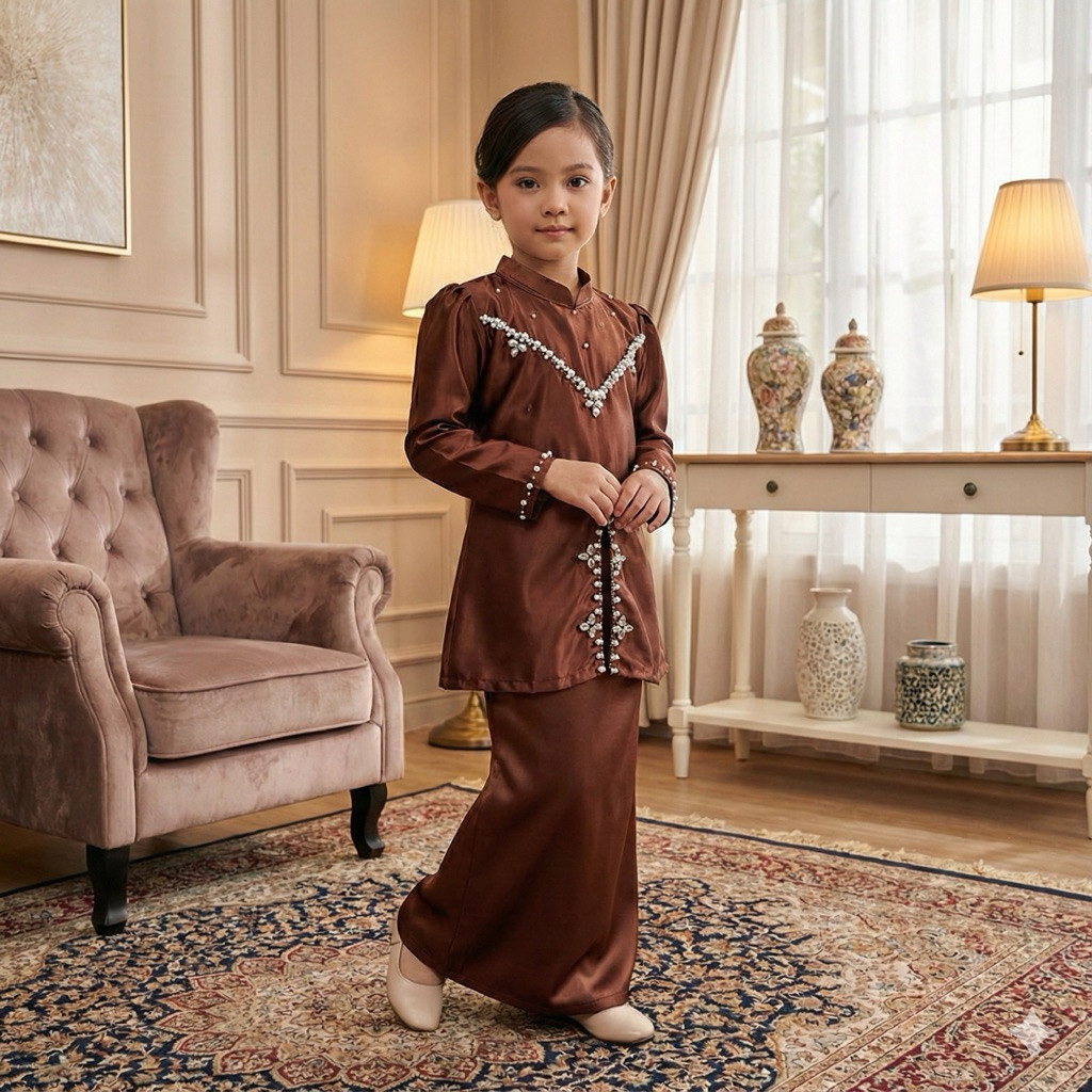 GUNSHOP One Set Elliza Baju Kurung Melayu Anak Perempuan Baju Pesta Desain Payet Mutiara Real Pict