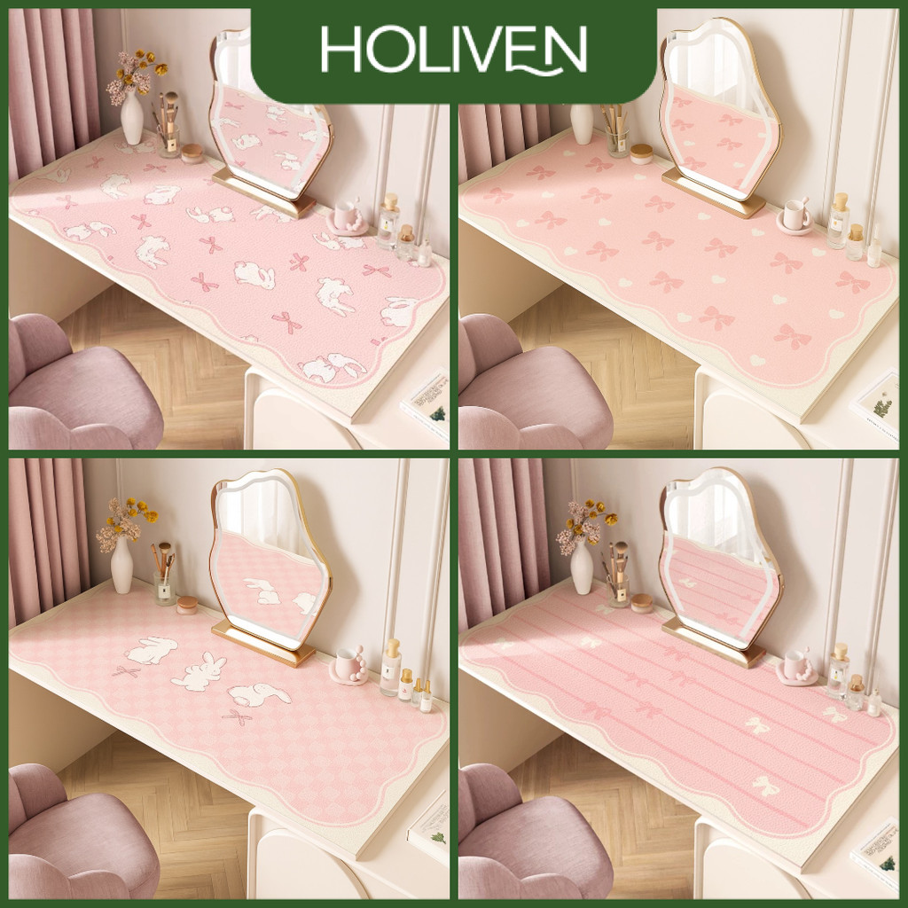 Holiven Alas Meja Rias PVC Kelinci Pita Pink Pastel Anti Air Meja Rias Meja Belajar Meja Anak