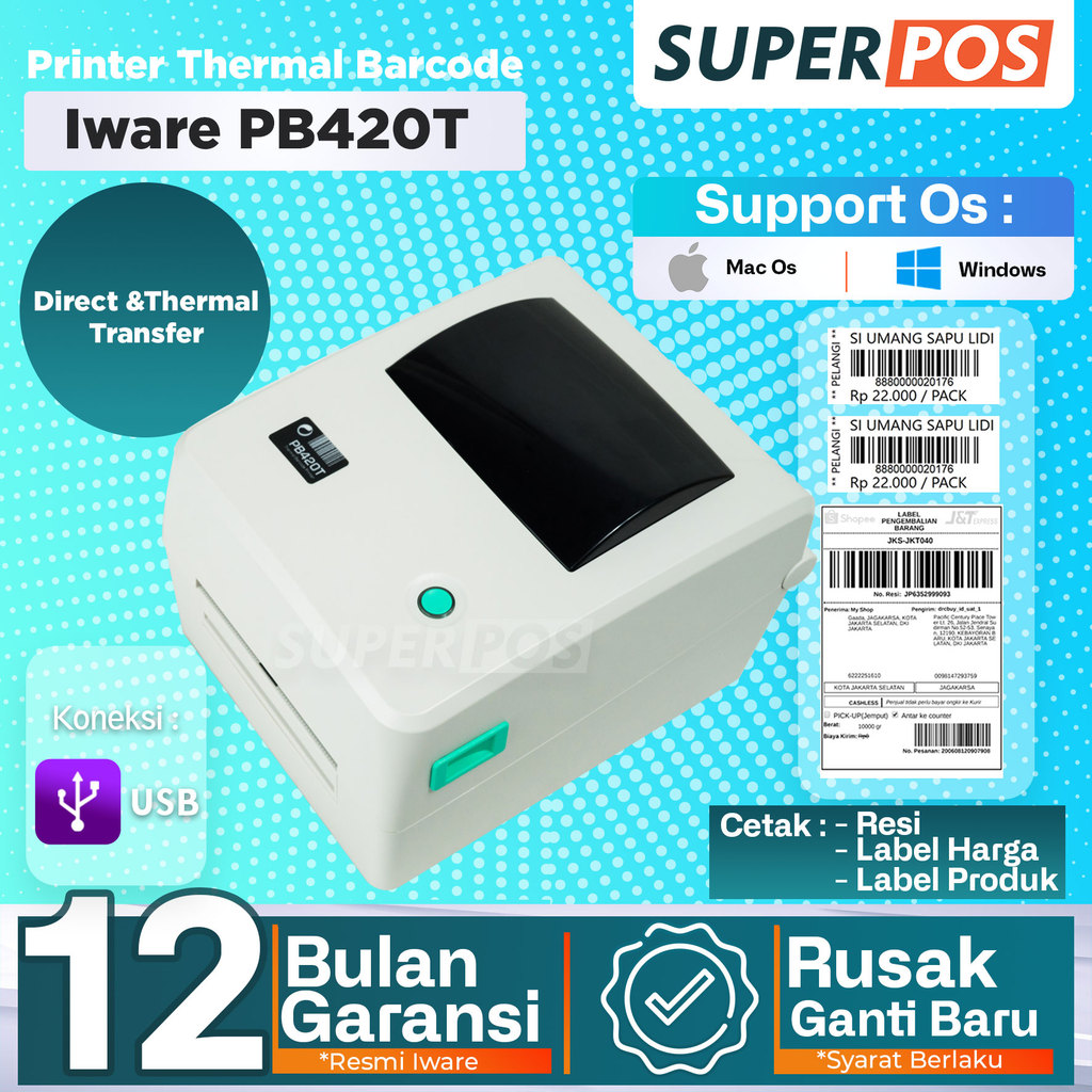 Printer Thermal Barcode Label A6 Iware PB420T Usb
