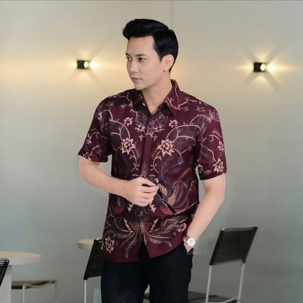 Kemeja Hem Baju Batik Pria Lengan Pendek motif Sultan Maron Katun