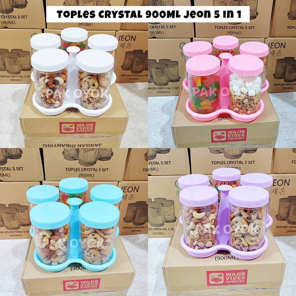 Toples Plastik Set Nampan Crystal Jeon 900 ML Food Grade Kedap Udara 5 in 1 Warna Pink Ungu Biru Put