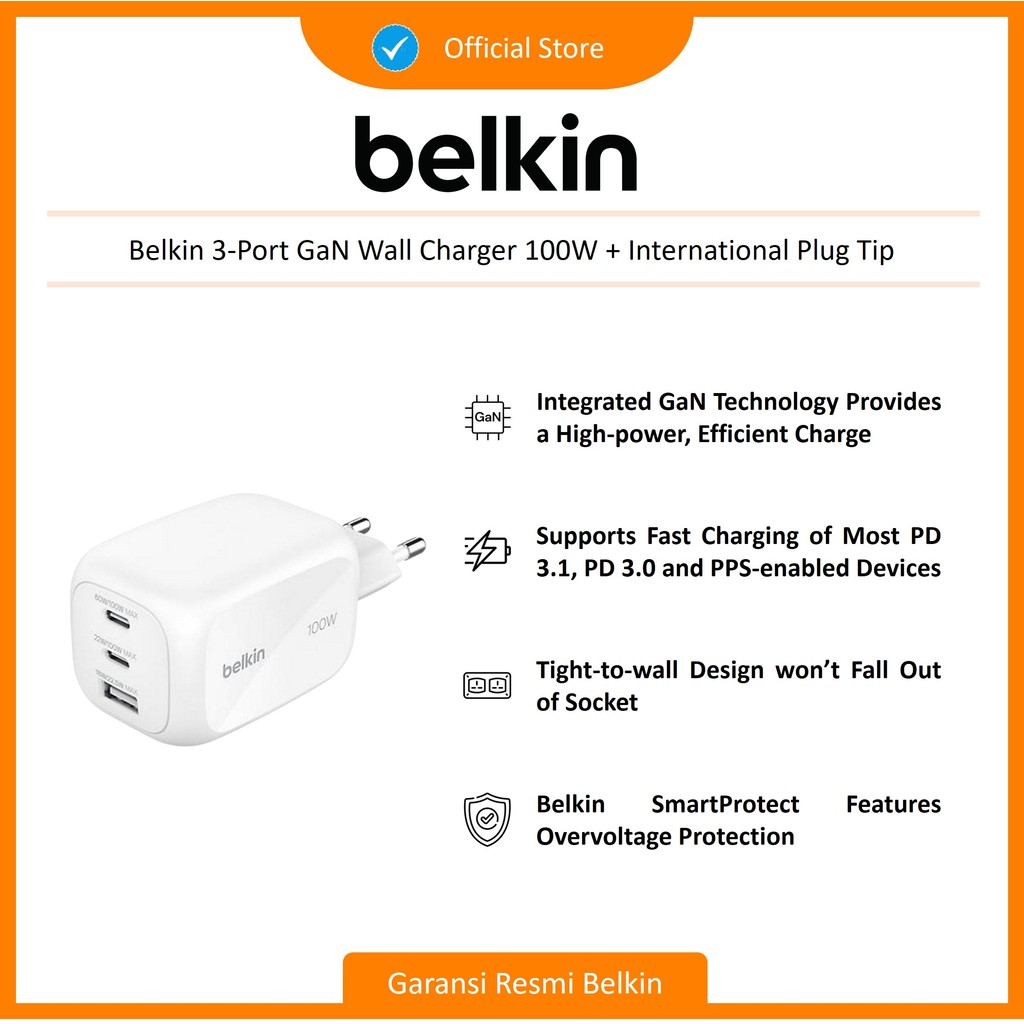 Belkin 3-Port GaN Wall Charger 100W + International Plug Tip (WCH016krWH)
