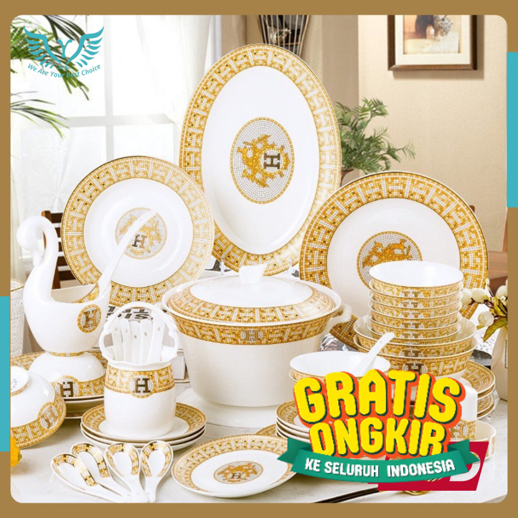 PIRING MAKAN H SET KERAMIK ISI 60 / HAMPERS KADO RUMAH BARU / PIRING MANGKUK SET MEWAH/ Ungu Violet 