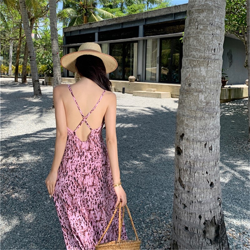 Gaun Suspender Motif Macan Tutul Merah Muda Rok Panjang Pinggang Tinggi Prancis Baru Wanita