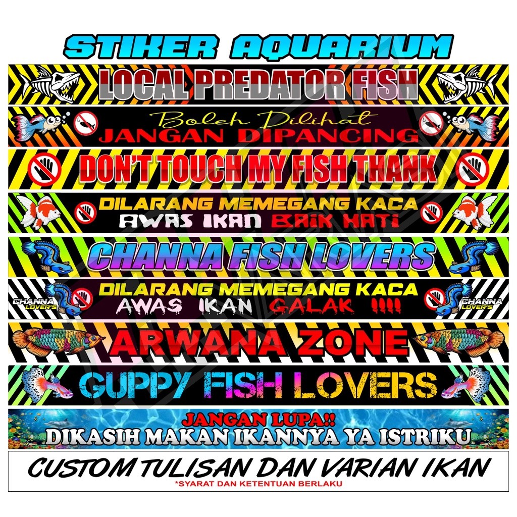 Sticker Aquarium Stiker Aquarium Awas Ikan Galak Predator Channa Lovers Guppy Arwana Jangan Lupa Kas