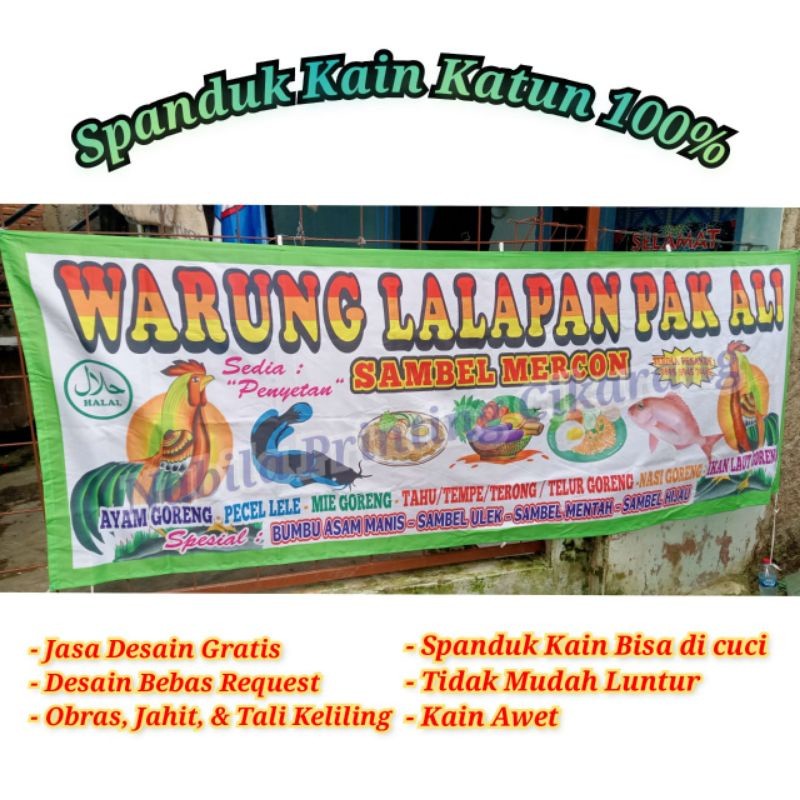 Promo spanduk 100% kain Katun, pecel lele, Sari Laut, Lalapan, Seafood, Soto Lamongan, sate madura, 