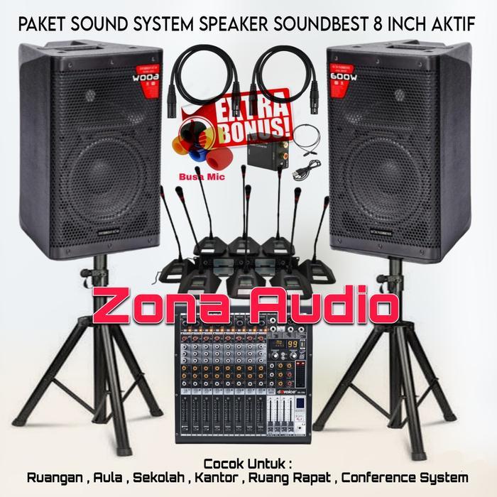 PAKET SOUND SYSTEM RUANG RAPAT SPEAKER SOUNDBEST 8 INCH MIXER 10 CHANNEL 8 MIC MEJA WIRELESS ORIGINA