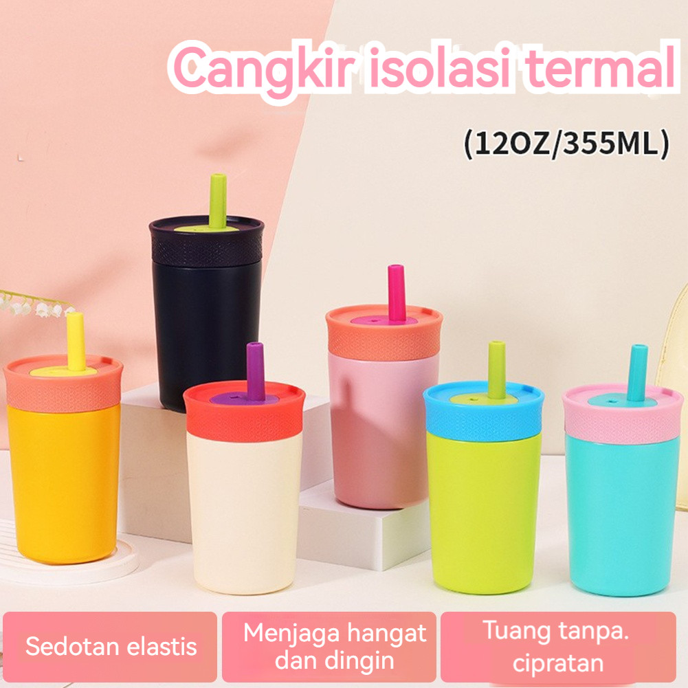 1pc Tumbler Stainless Steel Estetis SUS 304 Untuk Anak Dengan Sedotan Silikon 12OZ Cup Isolasi Terma