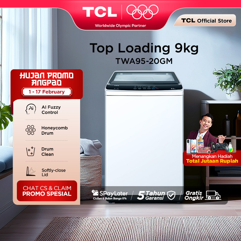 TCL Mesin Cuci 1 Tabung - Top Loading 9 KG - Honeycomb Crystal Drum - Auto Cleaning - Eight Wash Pro