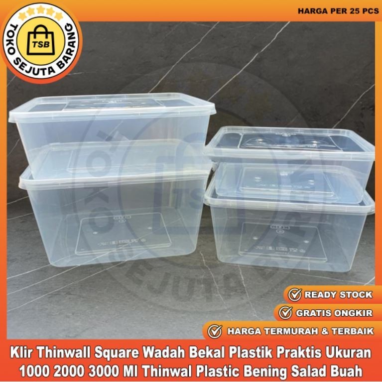 Klir Thinwall Square 3000ml 2000ml 1500ml 1000ml Wadah Plastik Bening Salad Buah Kotak Kue Box Bekel