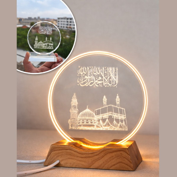 FMD Lampu Hias Kristal Islami LED Kaligrafi Syahadat & Ka’bah – Dekorasi Meja Muslim