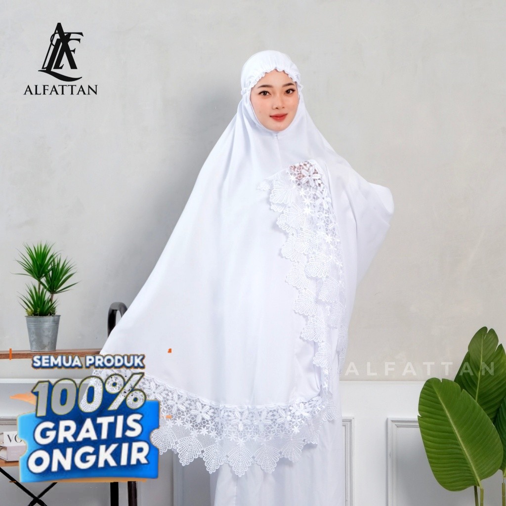 Mukena Dewasa Katun Premium Putih Polos Renda Motif Bunga- pakaian wanita lainnya