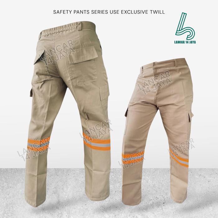 CELANA KERJA PROYEK LAPANGAN / WEARPACK PAKAIAN SAFETY PDL CARGO SCOTCHLITE ORANGE - KREM, 28