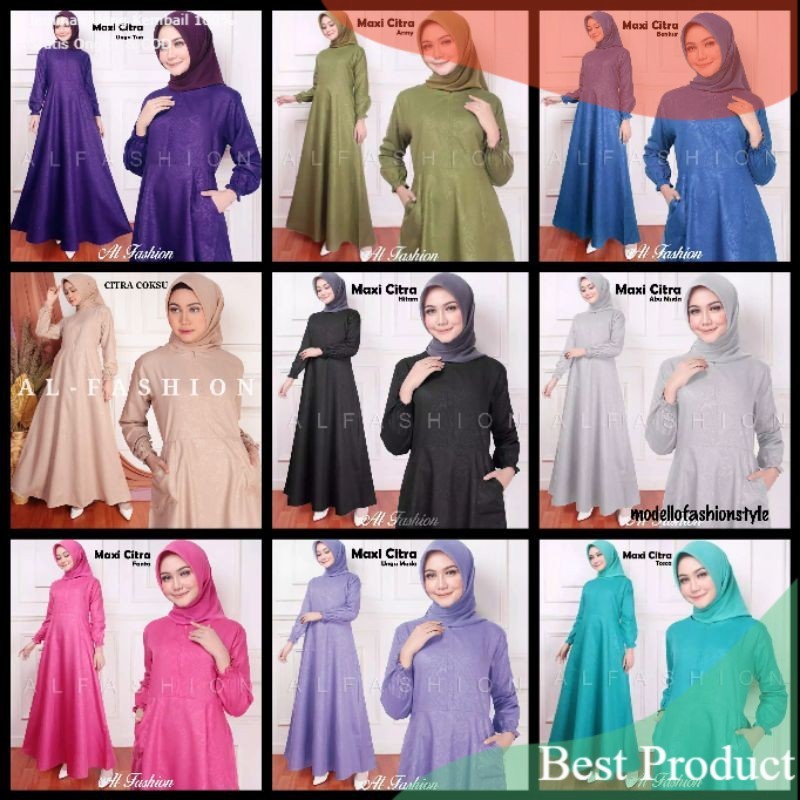 Citra - Dress Gamis Syari Polos Emboss Busui  XL Jumbo Warna Polos Hitam Ungu Tua Muda Hijau Toska T