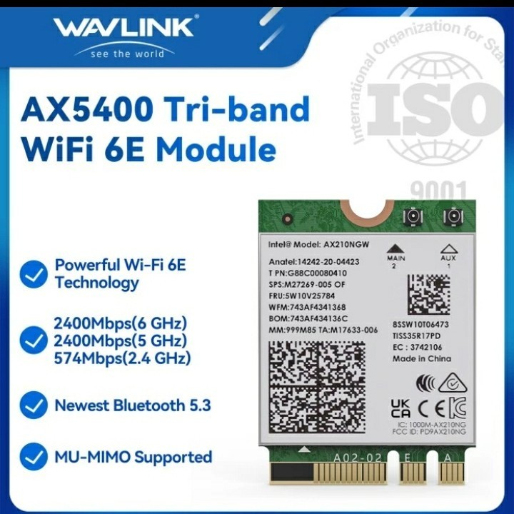 M.2 WIFI 6E AX5400 TRIBAND + BLUETOOTH 5.3 MODULE ADAPTER - WAVLINK WL-WN675X3M