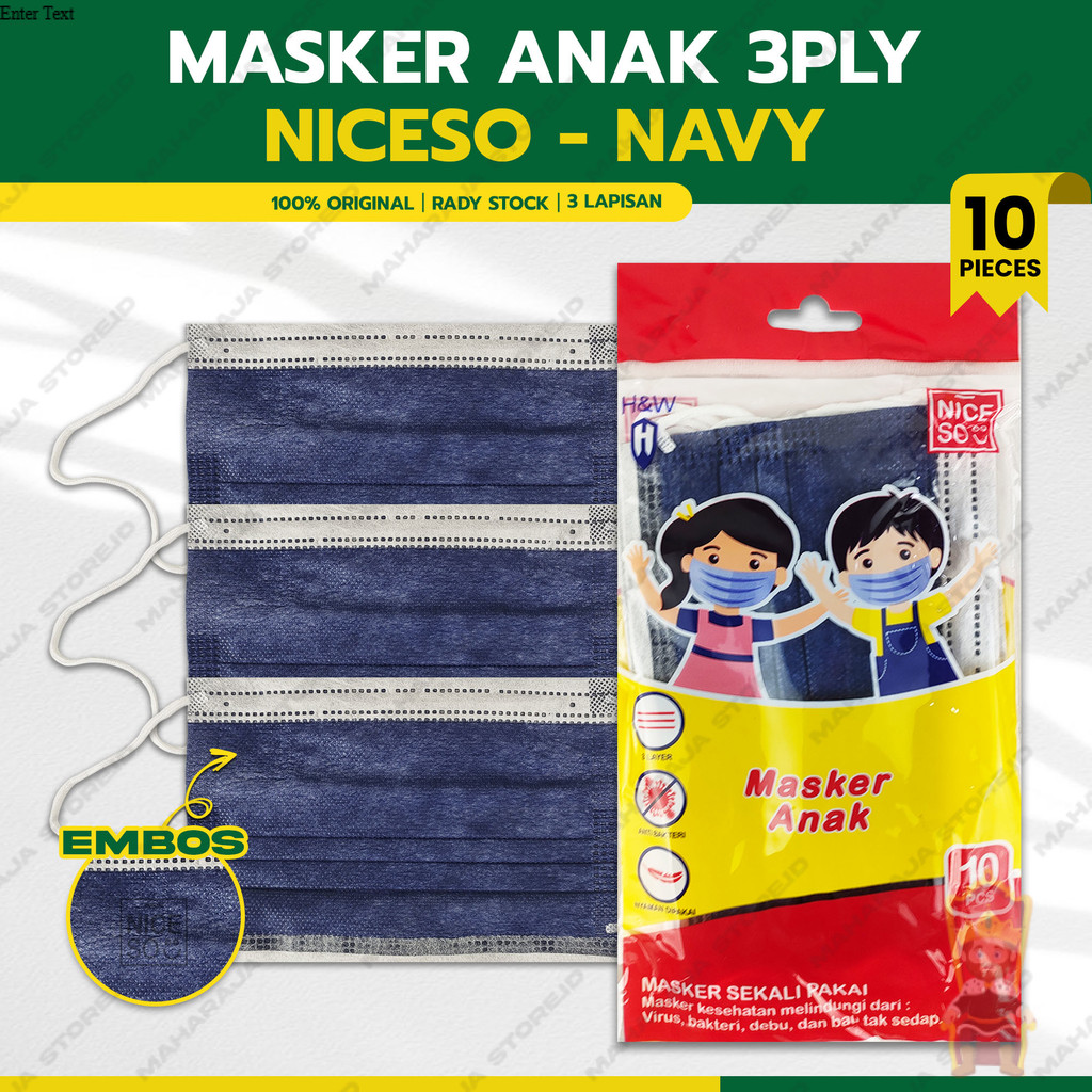 Masker Anak Medis 3Ply NICESO Isi 10Pcs Warna Navy Biru Dongker 3 Ply Earloop Surgical Mask Kemenkes