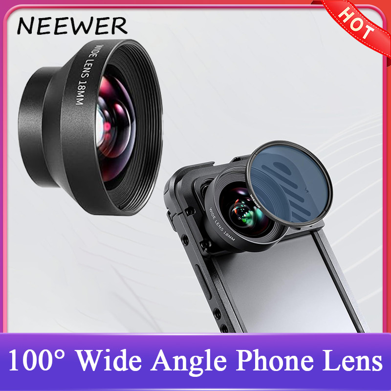 NEEWER HD 18mm 100° Wide Angle Phone Lens 0.5X Magnification for iPhone Samsung Phone Cage Rig with 