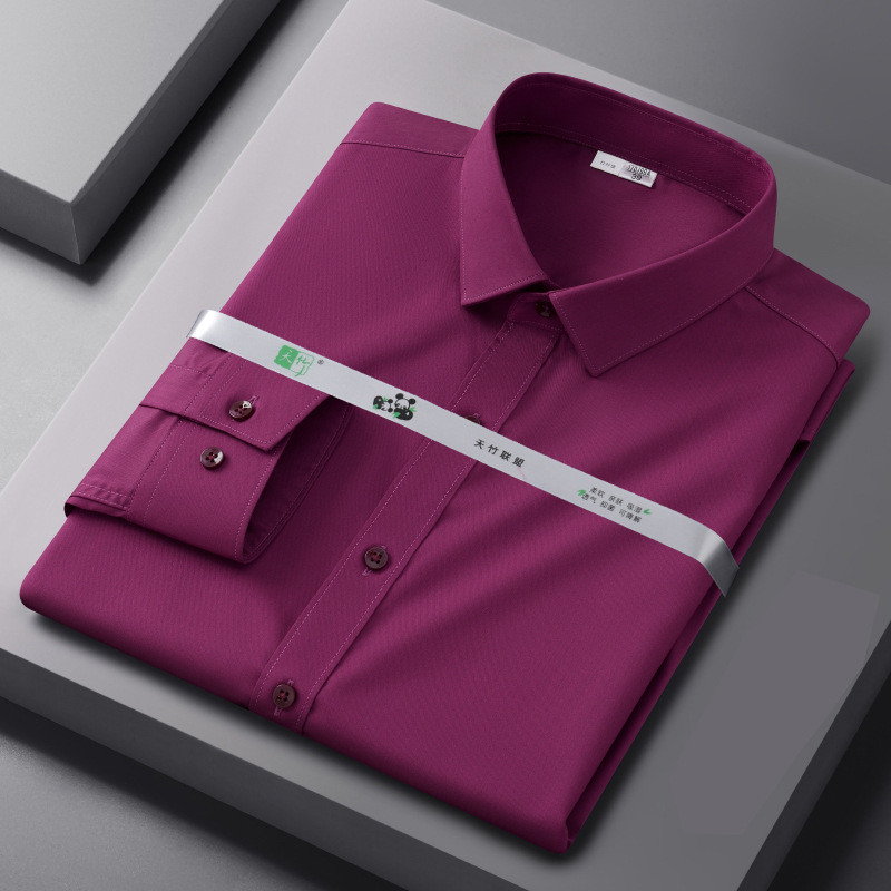 Kemeja lengan panjang merah serat bambu, kemeja pria kasual dan profesional untuk pakaian kerja bisn