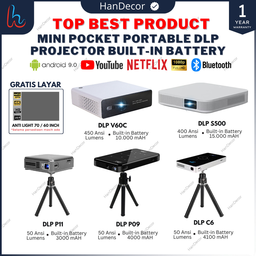 DLP P11 | Proyektor DLP P11 Projector Android 9 |  2Gb/16Gb | Built In Battery 4K Mirroring Android 