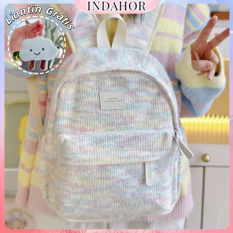 INDAHOR Tas Sekolah Wanita Pelangi Rajutan Jepang Import Tas ransel pink lucu mini tas ransel fashio